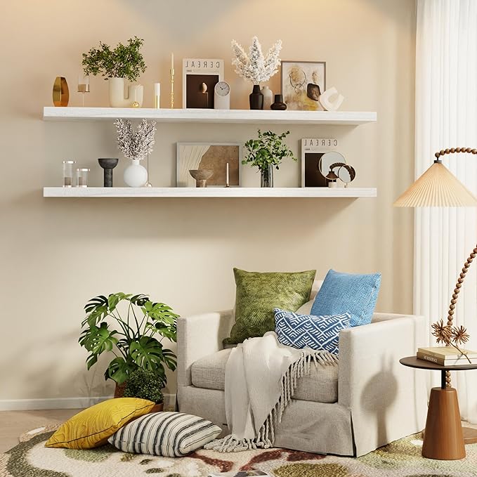 IEO Long Wooden Floating Shelves for Room Wall, Natural Wood Floating Shelves Wall Mounted Kitchen Shelf for Living Room, Bed