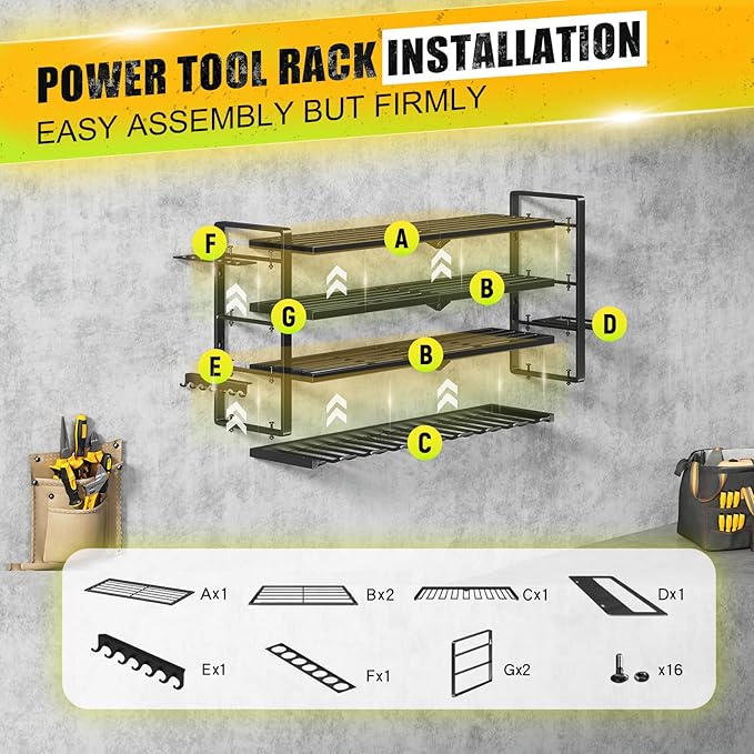 Power Tool Organizer Wall Mount - 400Lbs Load 4 Layers Storage Rack with 8 Drill Holders for Drills Cordless Tools. Heavy Dut
