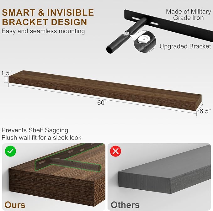 Fun Memories 60 Inch Fireplace Mantel - Long Floating Shelf, Wall Mounted Farmhouse Display with Invisible Heavy Duty Metal B