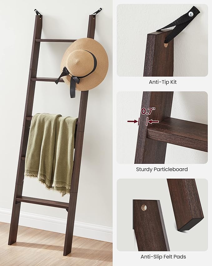 VASAGLE Blanket Ladder Decorative Farmhouse for The Living Room, 5-Tier Ladder Shelf, Ladder Rack for Storage and Decor, Maro