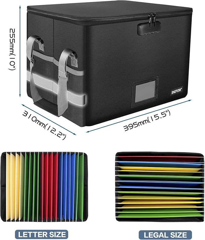 ENGPOW File Box with Lock, Fireproof Document Box with Pockets, Collapsible File Organizer Filing Storage Cabinet with Handle