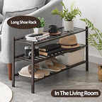 Long Shoe Rack, 3-Tier Bamboo Stackable Shoe Shelf Storage Organizer, Shoe Stand for Closet, Entryway and Hallway