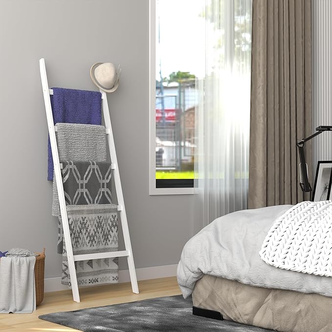 WTZ Bamboo Blanket Ladder, 5-Layer Towel Racks, Blanket Holder with Anti-Slip Construction Home Decor, Decorative Blanket, Qu