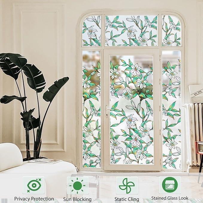 Coavas Static Cling Privacy Window Film, 96% UV & Heat Blocking, Stained Glass Window Film Floral Design, Non-Adhesive, for Bathroom, Front Door, Shower Enclosure‌ (Vinyl, 17.5" X 78.7 ")