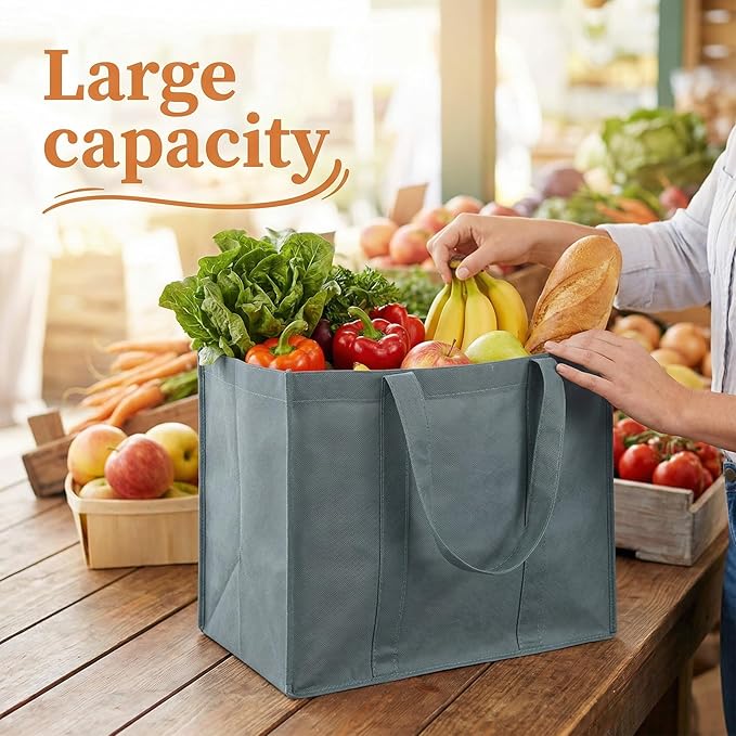 12 Pack Reusable Grocery Bags, Large Foldable Shopping Bags with Reinforced Handles, Heavy Duty Tote Bags for Grocery Shopping, Washable Storage Bags, Grey & Black | Large, Foldable, Reinforced Handles, Heavy Duty, Washable, Storage