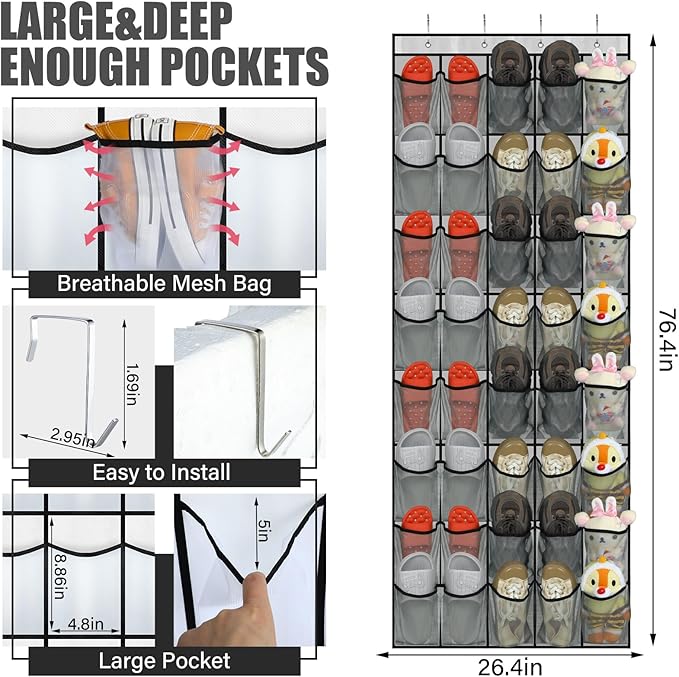 Windyun 40 Over The Door Shoe Organizer, Large Mesh Pocket Hanging Shoe Rack Hanger Large Capacity Gray Behind The Door Stora