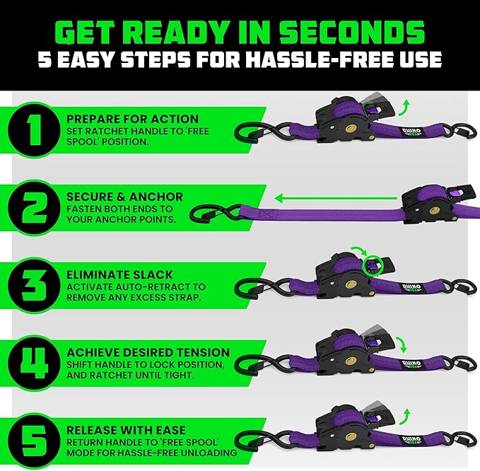 Rhino USA Retractable Ratchet Straps (2-Pack) - 1 Inch x 10 Feet (1,209lb Break Strength) - Auto Self Retracting Tie Down Straps for Truck, Cargo Trailer, Motorcycle, ATV, UTV - Purple