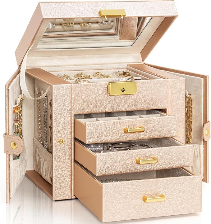 AKOZLIN 4-Tier Jewelry Box Leather Jewelry Storage Organizer with 3 Drawers Lockable for Women Girls Ring Necklace Earring Br