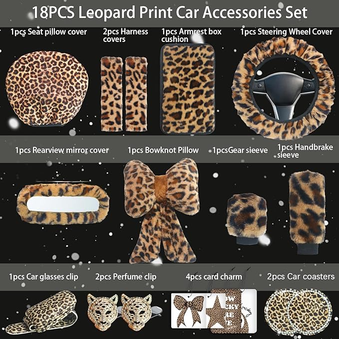 19 Pcs Fluffy Car Accessories Set,Fluffy Plush Leopard Print Steering Wheel Covers,Plush Head Pillow,Pillowcase,Eyeglasses Clip,Car Accessories for Women. (Brown)