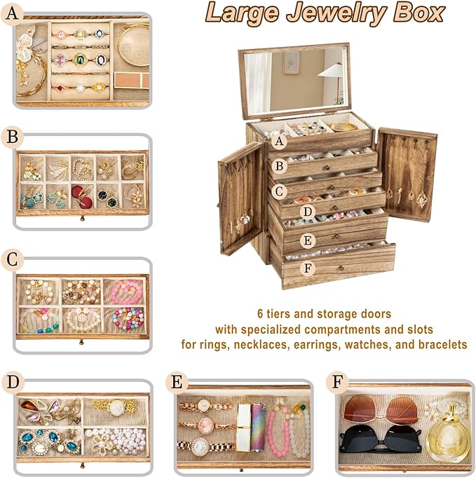 Emfogo Wooden Jewelry Box for Women, 6-Tier Large Jewelry Organizer Boxes with Mirror Rustic Solid Wood jewlery Storage Displ