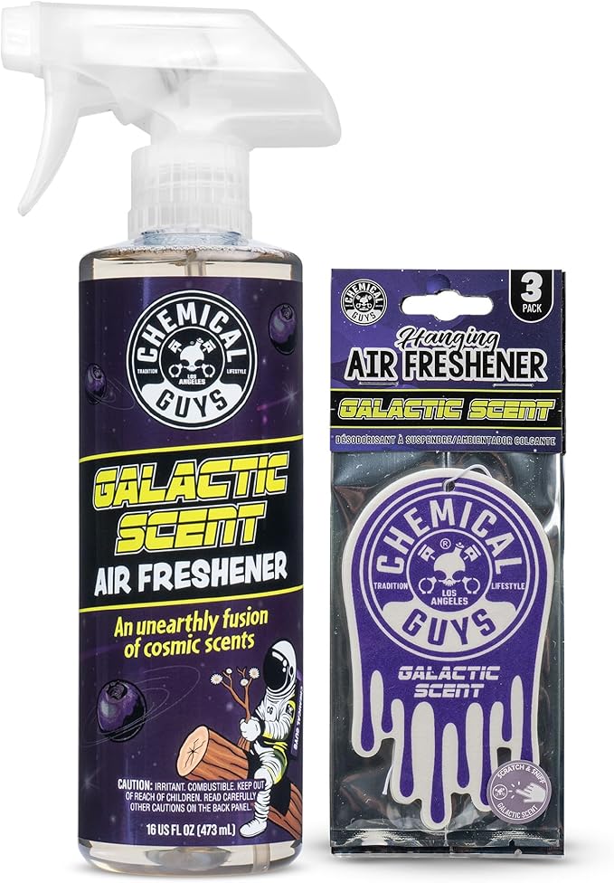 Chemical Guys Galactic Scent Air Freshener and Odor Eliminator, 16 fl oz with 3 Pack of Hanging Air Fresheners (Great for Car