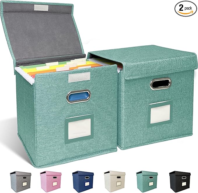 2 Pack Hanging File Folder Box with Lid, Durable Letter Size Filing Storage Box, Sturdy Magazine File Holder with Cardboard S