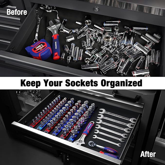 WORKPRO Magnetic Socket Organizer Set, 3-Piece Aluminum Alloy Socket Rail, Heavy Duty Socket Holder, Socket Rack Kit 1/4-Inch