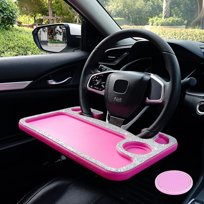eing Bling Auto Steering Wheel Desk, Laptop,Tablet, Notebook Car Travel Table, Food Eating Hook On Steering Wheel Tray, for Constant Travelers, Fits Most Vehicles Steering Wheels, White+Rose Red