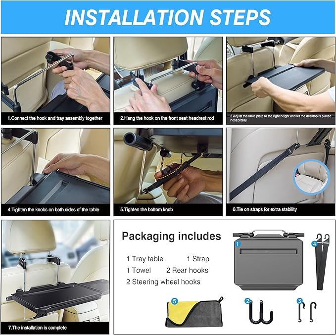 VarCozy Car Steering Wheel Tray, Foldable Hanging Rear Headrest Car Tray with Expandable Tray and Beverage Cup Slot, Portable Car Desk for Laptop Work, Eating, Drinking, and Doodling