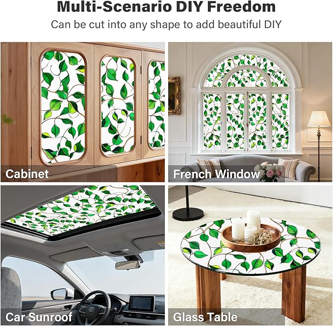 Donox Window Privacy Film, Decorative Frosted Static Cling Window Tint for Privacy, Home Decor Bathroom Door & Car Sticker, Adhesive-Free, Removable, UV Protection(Green Foliage, 17.5 x 157.4 inches