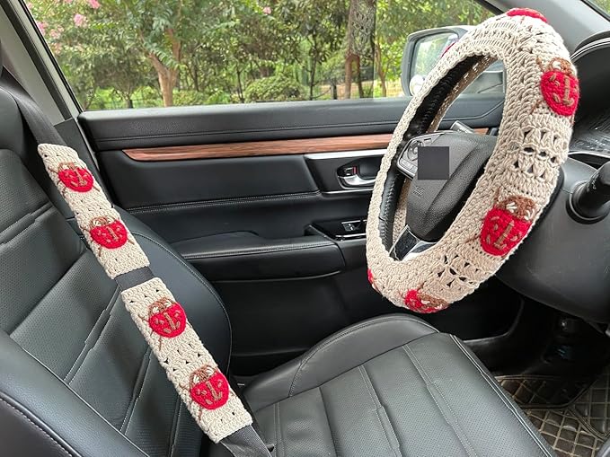 Crochet Ladybug Steering Wheel Cover Universal 14-15 inch (Steering Wheel Cover+2 Belt Cover)
