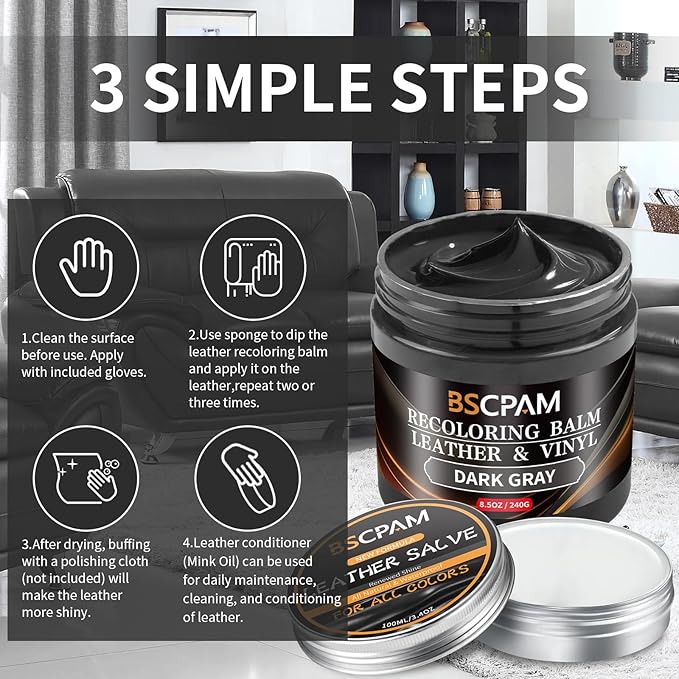 Dark Gray Leather Recoloring Balm with 100ml Mink Oil,Leather Couch Scratch Remover,Leather Repair kit for Vinyl Furniture an