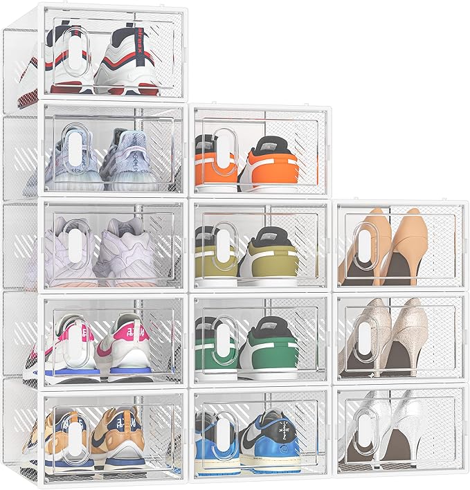 SIMPDIY Shoe Storage, 12 Pack Shoe Organizer for Closet, Shoe Boxes Clear Plastic Stackable Shoe Containers with Lids for Siz