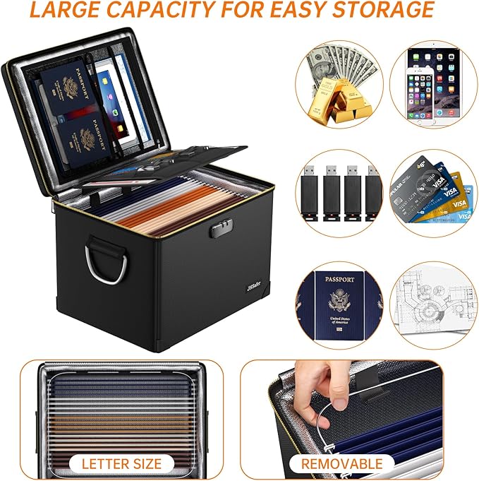 Fireproof Document Box with Fireproof Zipper,Hard Case Fireproof File Box with Lock,Insulated Non-Foldable Fireproof File Cab