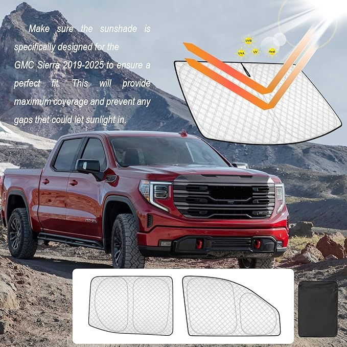 KMF 5pcs Thicken Sun Shades for GMC Sierra 2019-2025(1500 2500 3500) Accessories,Car Window Covers Sunshade for Windshield Side, Sun Visor UV Block and Blackout Privacy for Camping