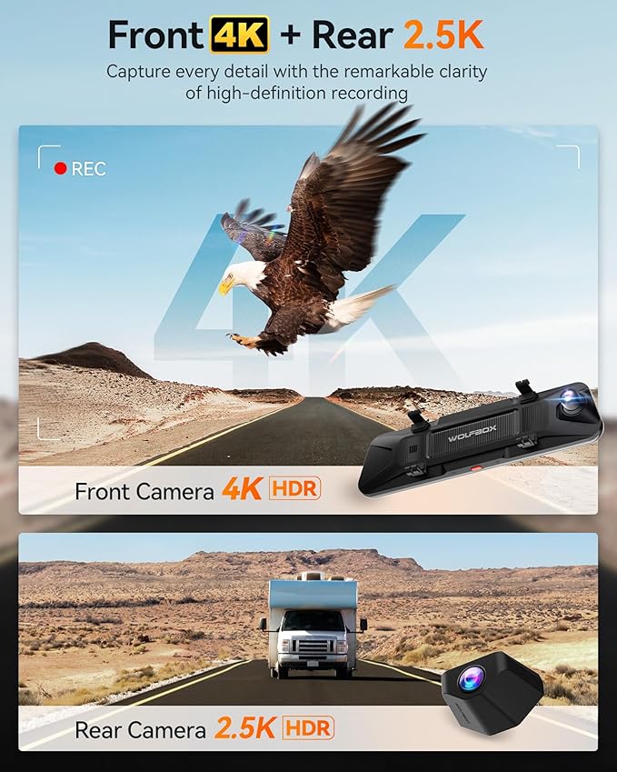 WOLFBOX G900 PRO Mirror Dash Cam with 8MP STARVIS IMX678, 12 inches Rear View Mirror Camera with Front 4K and Rear 2.5K, Incl