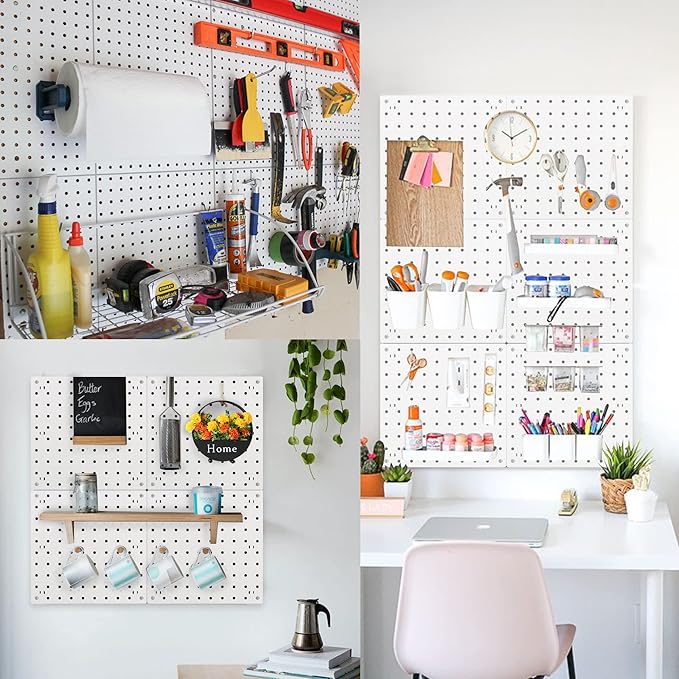 6Pcs Peg Board, Pegboard Wall Organizer Panels, White Pegboard Wall Mount, ABS Pegboard for Craft Room Garage Kitchen Worksho