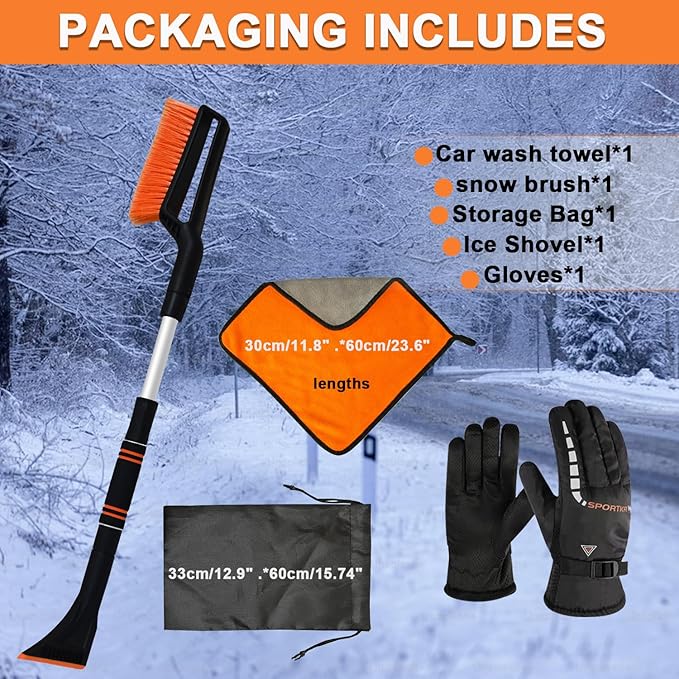 UNXMRFF 32 Inch Snow Brush - Aluminum Car Snow Scraper and Brush for Cars Windshield with Ergonomic Foam Grip for Snow Removal, Detachable Ice Scraper for Car