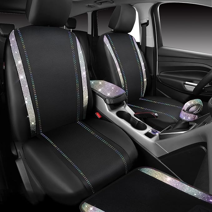 CAR PASS 23 PCS Bling Diamond Car Accessories Set for Women, Leather Car Seat Covers Full Set Sparkly Rhinestone15'' Steering Wheel Covers Shining Diamond Floor Mats Car Interior Sets, Multicolor