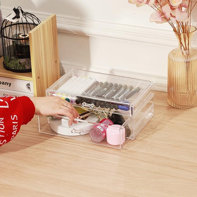 Cq acrylic Clear acrylic organizers Countertop,2 Large Drawers stackable storage bins,clear storage bins for Vanity Jewelry,H