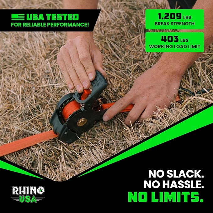 Rhino USA Retractable Ratchet Straps (4-Pack) - 1 Inch x 10 Feet (1,209lb Break Strength) - Auto Self Retracting Tie Down Straps for Truck, Cargo Trailer, Motorcycle, ATV, UTV - Orange