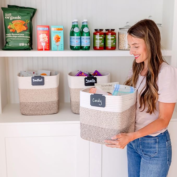 NaturalCozy Storage Cubes 11 Inch Cotton Rope Woven Baskets for Organizing, 3-Pack | Cube Storage Bin | Square Storage Basket