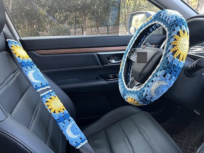 Handmade Crochet Sun and Moon Car Steering Wheel Covers Universal 14-15 inch for Women and Men (Steering Wheel Cover+2 Belt Cover)