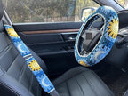 Handmade Crochet Sun and Moon Car Steering Wheel Covers Universal 14-15 inch for Women and Men (Steering Wheel Cover+2 Belt Cover)