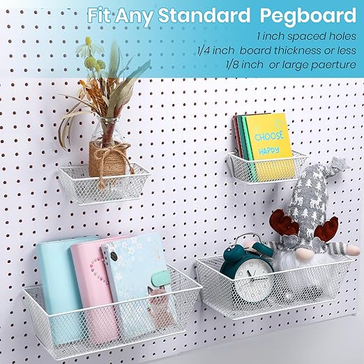 Sieral 4 Pcs Pegboard Baskets Metal Wire Shelf Baskets Peg Board Organizer Accessories Wall Mount Organizer Attachments for G