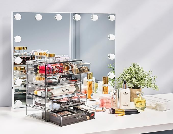 Sorbus Acrylic Makeup Organizer Set, 6-Drawer Vanity & Countertop Cosmetic Storage with Small & Wide Drawers, Black Jewel Mak