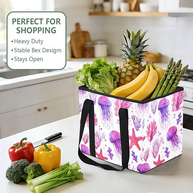 Corals Jellyfish Reusable Grocery Bags Large Waterproof Grocery Tote Bag Heavy Duty Foldable Tote Bags with Long Handles & Ha