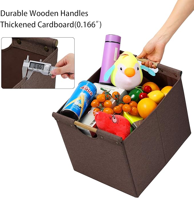 HOONEX Large Collapsible Storage Bins, Linen Fabric, 2 Pack, Storage Baskets with Wooden Carry Handles and Sturdy Heavy Cardb