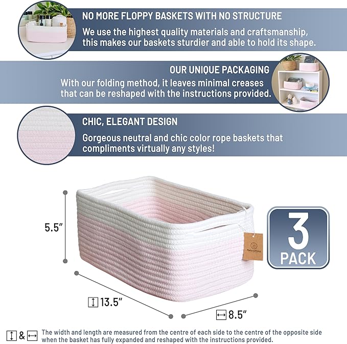 NaturalCozy 13.5”x8.5”x5.5” Rectangle Storage Baskets for Shelves 3 Pack | Cotton Rope Woven Small Baskets for Organizing | S