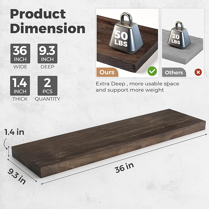RICHFOCUS Elm Floating Shelves for Wall - 36" W x 9.3" D Rustic Solid Wood Shelves with Invisible Bracket, Wall-Mounted for L