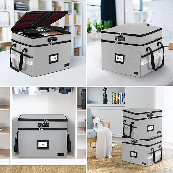 Fireproof Document Box with Lock, 2-Layer File Box Storage Organizer with 5 Tabs& Insert, Portable File Cabinet Storage Box w