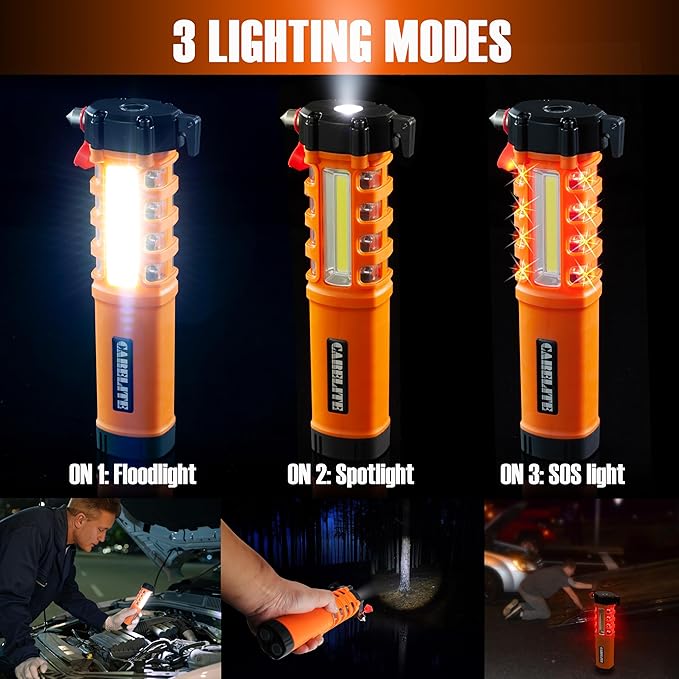 Emergency Car Flashlight with Seatbelt Cutter and Window Breaker, LED Work Light & Flash Beacon, Life-Saving Car Escape Tool 