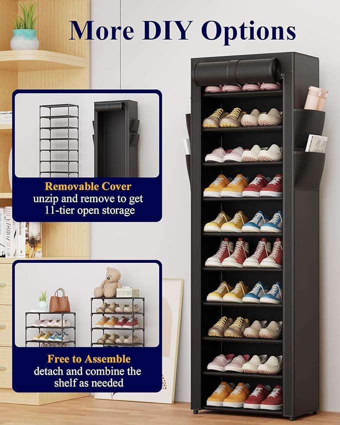 Kitsure Shoe Rack - 10-Tier Large Capacity Shoe Organizer Shelf with Dust Cover & Side Pockets, Rust-Proof Metal Shoe Rack fo