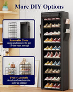 Kitsure Shoe Rack - 10-Tier Large Capacity Shoe Organizer Shelf with Dust Cover & Side Pockets, Rust-Proof Metal Shoe Rack fo