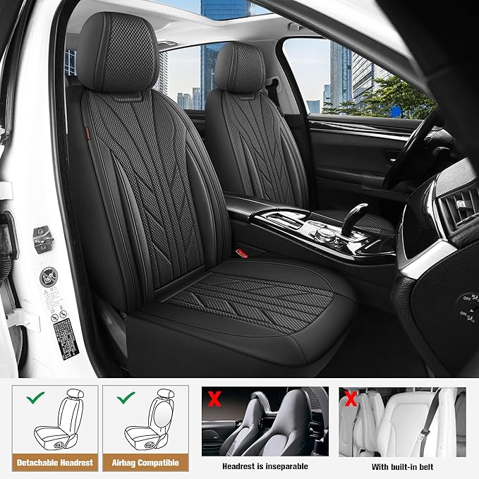 CAROMOP Luxury Faux Leather&Fabric Car Seat Covers 2 Front Seats with Breathable 3D Foam Back Support, Universal Seat Covers 