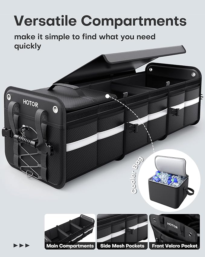 HOTOR Trunk Organizer - 3-Compartment Car Organizer and Storage with Cooler Bag, Foldable Car Storage Organizer for SUV with