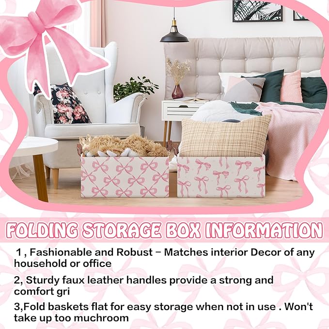 Boao 3 Pcs Coquette Pink Bow Storage Bin Collapsible Large Storage Baskets for Gifts Empty Candy Holiday Decor Canvas Laundry