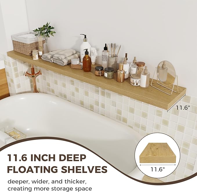 Fun Memories Deep Floating Shelves, 72 x 12 Inch Long Wall Shelves, Large Display Shelf & Storage Shelf, Wood Floating Wall S