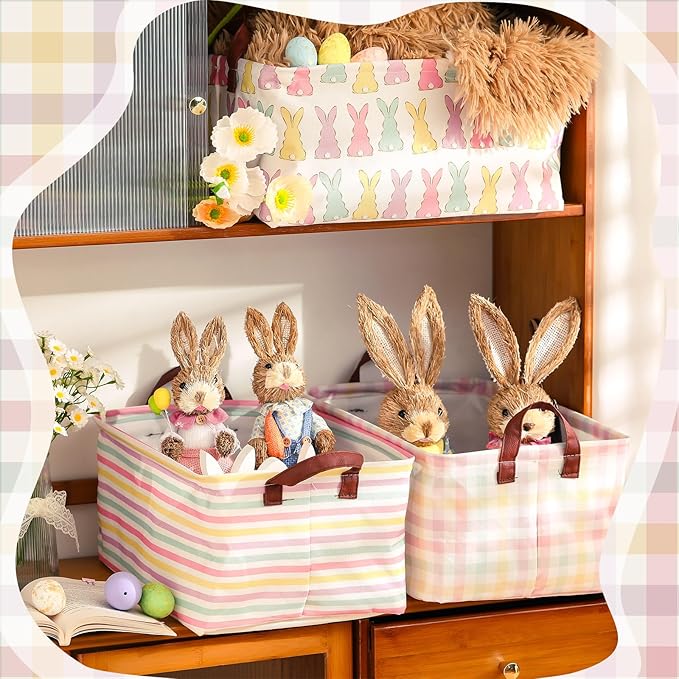 Boao 3 Pcs Easter Storage Bin Rectangular Bunny Basket Box with Handle Collapsible Large Storage Baskets Foldable Rabbit Box 