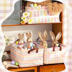 Boao 3 Pcs Easter Storage Bin Rectangular Bunny Basket Box with Handle Collapsible Large Storage Baskets Foldable Rabbit Box 